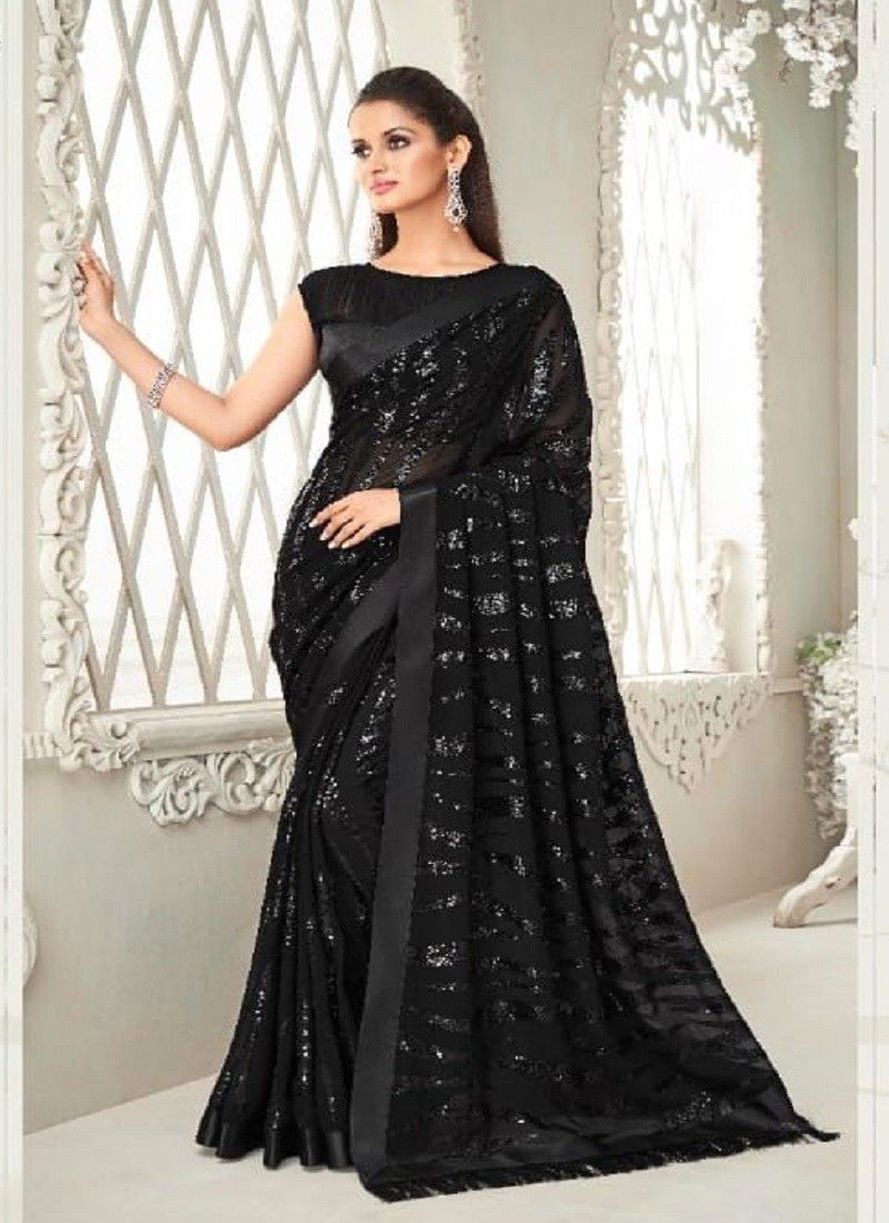 Black Colour Sparkle Hit Design TFH New Latest Party Wear Soft Georgette Saree Collection 6402